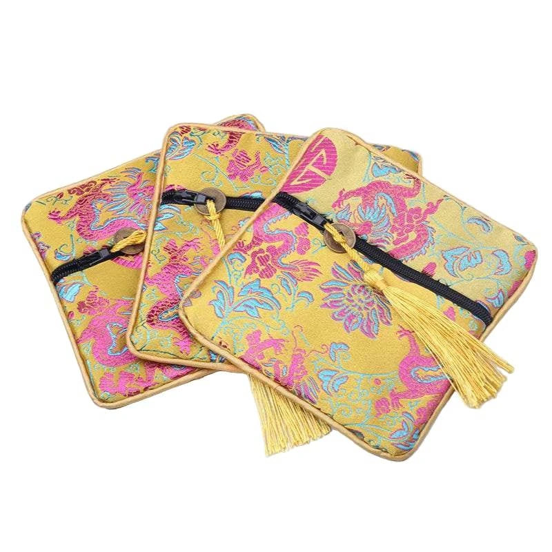 1pc Chinese Brocade Zipper Jewelry Bag Gift Pouch Square with Flower Pattern for Gift Packaging Shopping Storage Pouche - Flamingo Stores