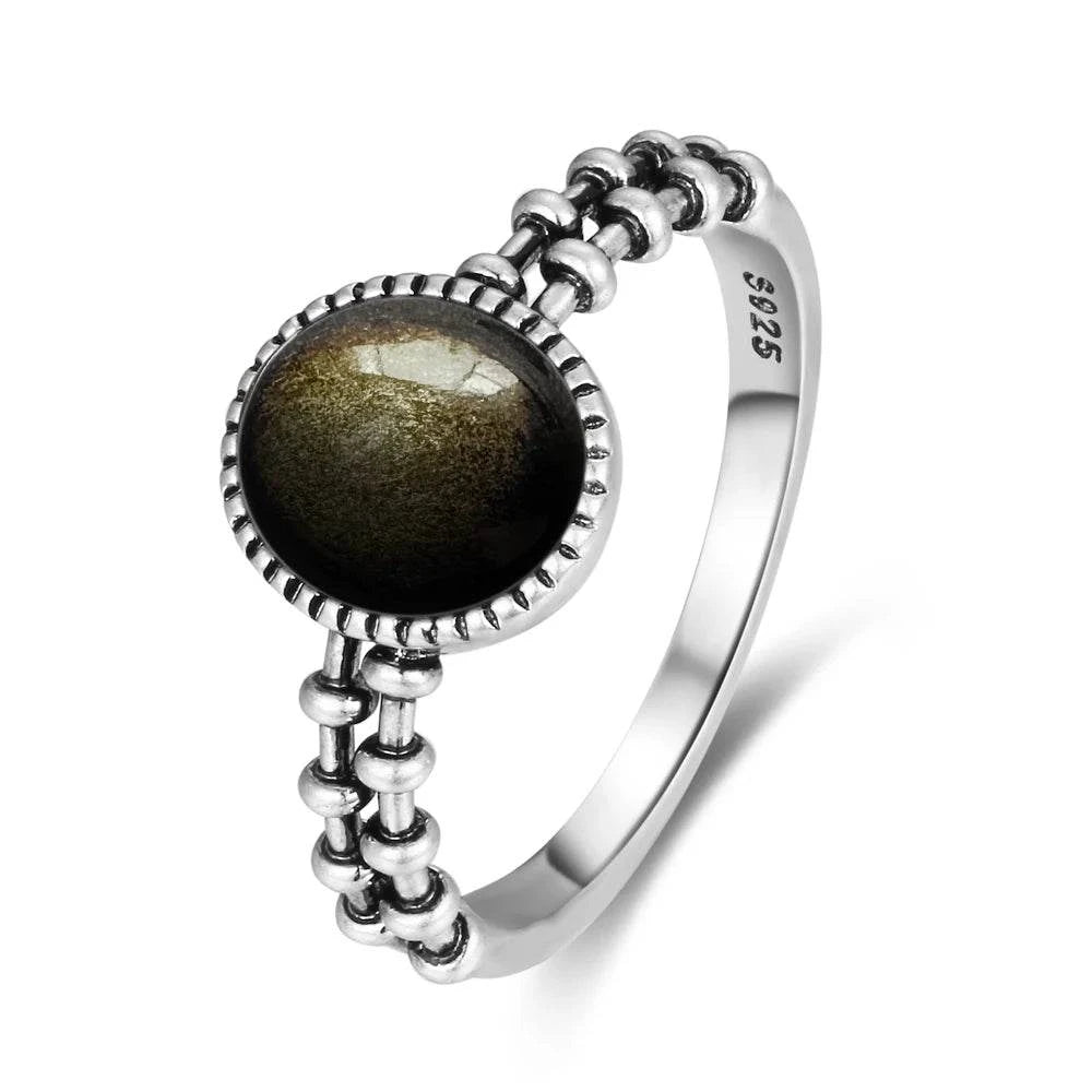 Vintage S925 Sterling Silver Ring Oval Round Natural Obsidian Ring Sun And Flower Shaped Retro Fine Jewelry For Women Men - Flamingo Stores