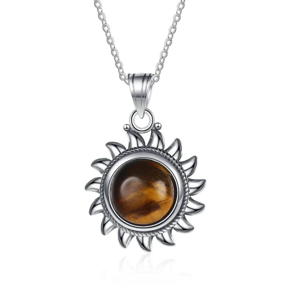 925 Sterling Silver Natural Labradorite Amethyst Necklace Sun Shape Vintage Necklace for Women Gift - Flamingo Stores