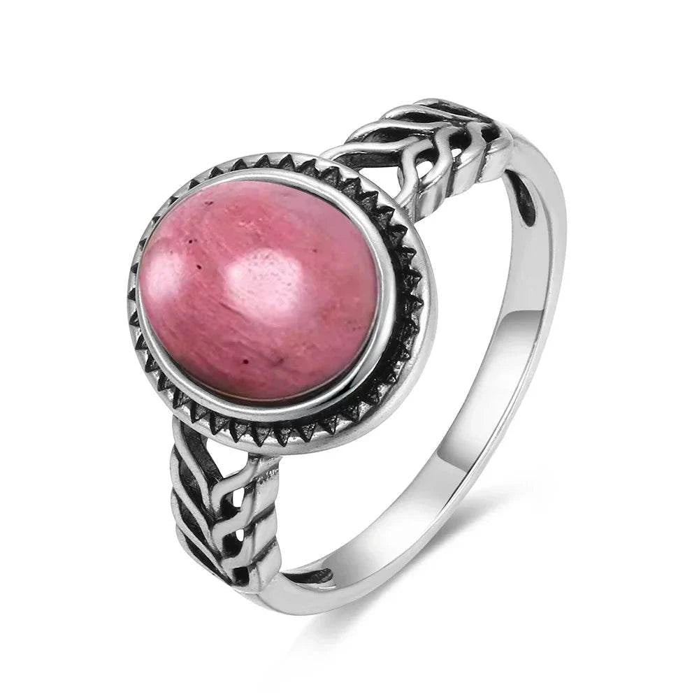 Vintage S925 Sterling Silver Ring Oval Round Natural Rhodochrosite Ring Sun And Flower Shaped Retro Fine Jewelry For Women Men - Flamingo Stores
