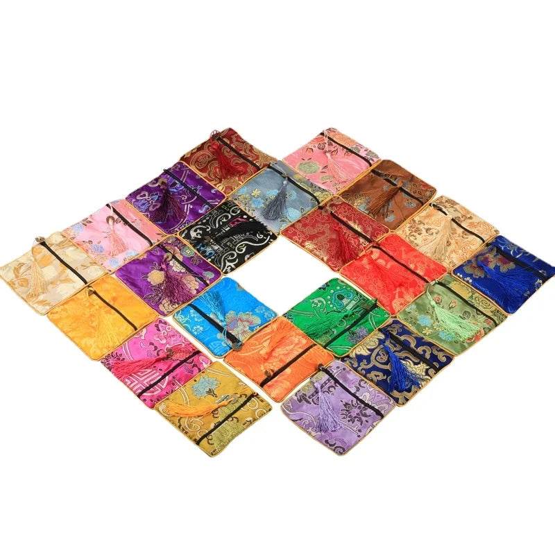 1pc Chinese Brocade Zipper Jewelry Bag Gift Pouch Square with Flower Pattern for Gift Packaging Shopping Storage Pouche - Flamingo Stores