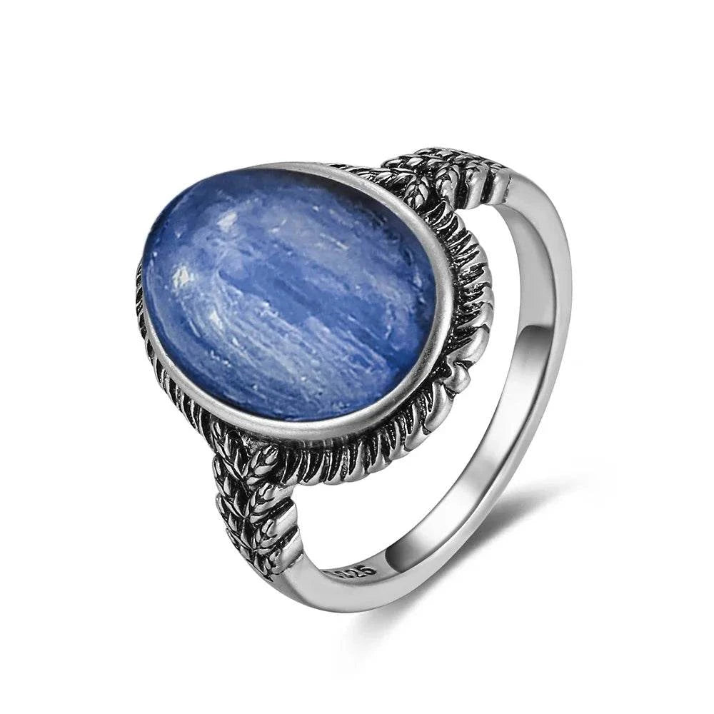 Vintage S925 Sterling Silver Ring Oval Round Natural Kyanite Ring Sun And Flower Shaped Retro Fine Jewelry For Women Men - Flamingo Stores