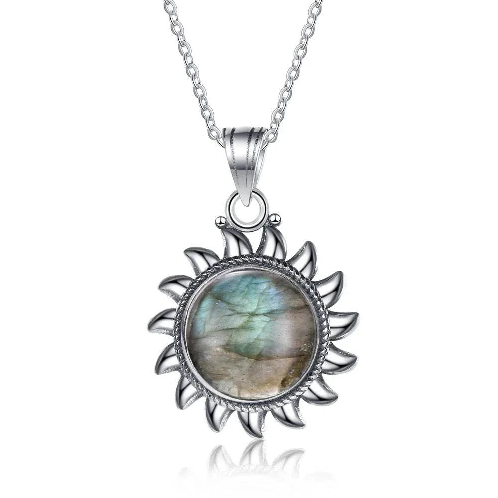 925 Sterling Silver Natural Labradorite Amethyst Necklace Sun Shape Vintage Necklace for Women Gift - Flamingo Stores