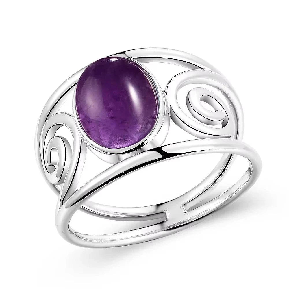 S925 Silver Natural Amethyst Rings 8*10MM Natural Gemstone Retro Silver Oval Shape Ring Fine Jewelry Gifts For Women - Flamingo Stores