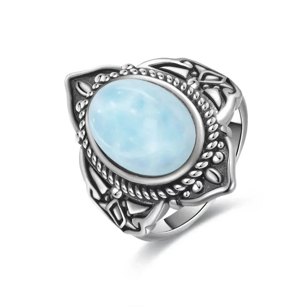 Vintage 925 Silver Natural Larimar Stone Ring Round Flower Shape Sky Blue Sea Water Ring Fine Jewelry Ring Gift For Women Men - Flamingo Stores