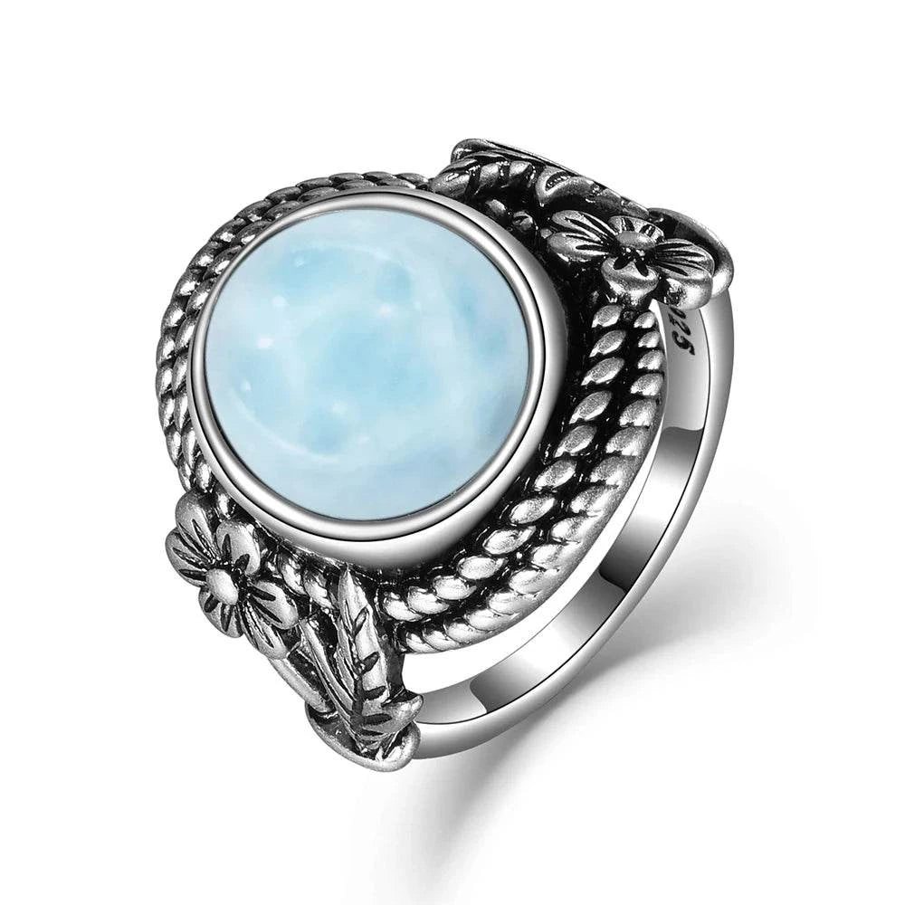 Vintage 925 Silver Natural Larimar Stone Ring Round Flower Shape Sky Blue Sea Water Ring Fine Jewelry Ring Gift For Women Men - Flamingo Stores