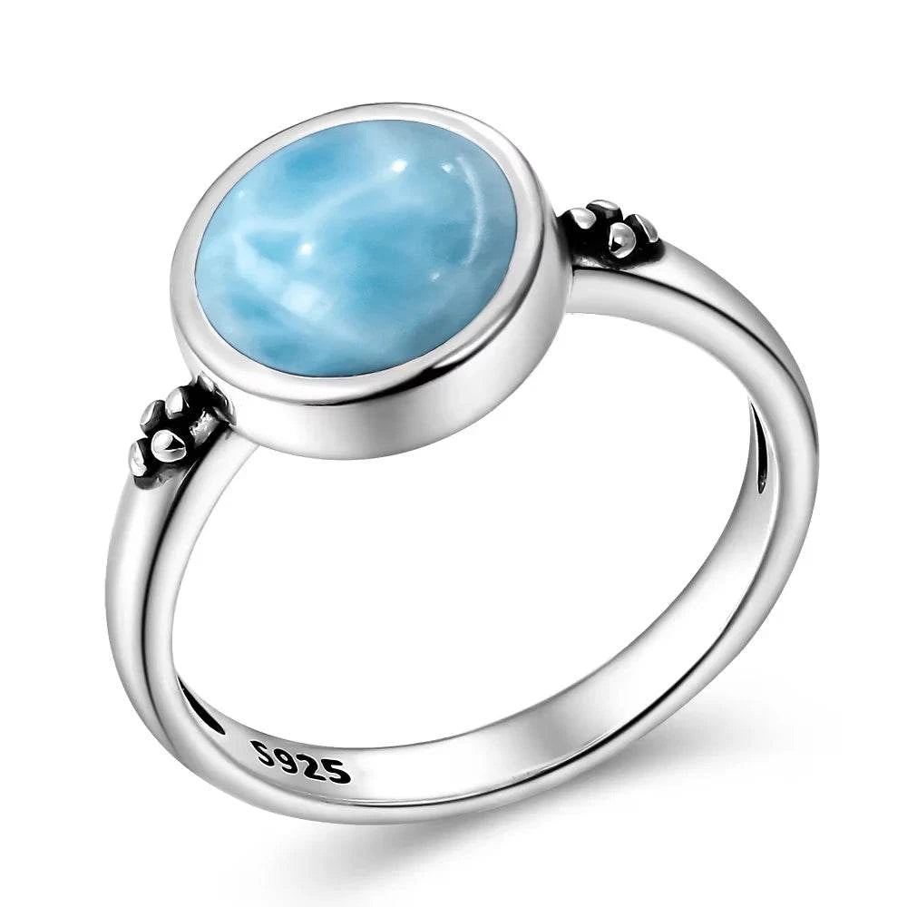 Vintage 925 Silver Natural Larimar Stone Ring Round Flower Shape Sky Blue Sea Water Ring Fine Jewelry Ring Gift For Women Men - Flamingo Stores
