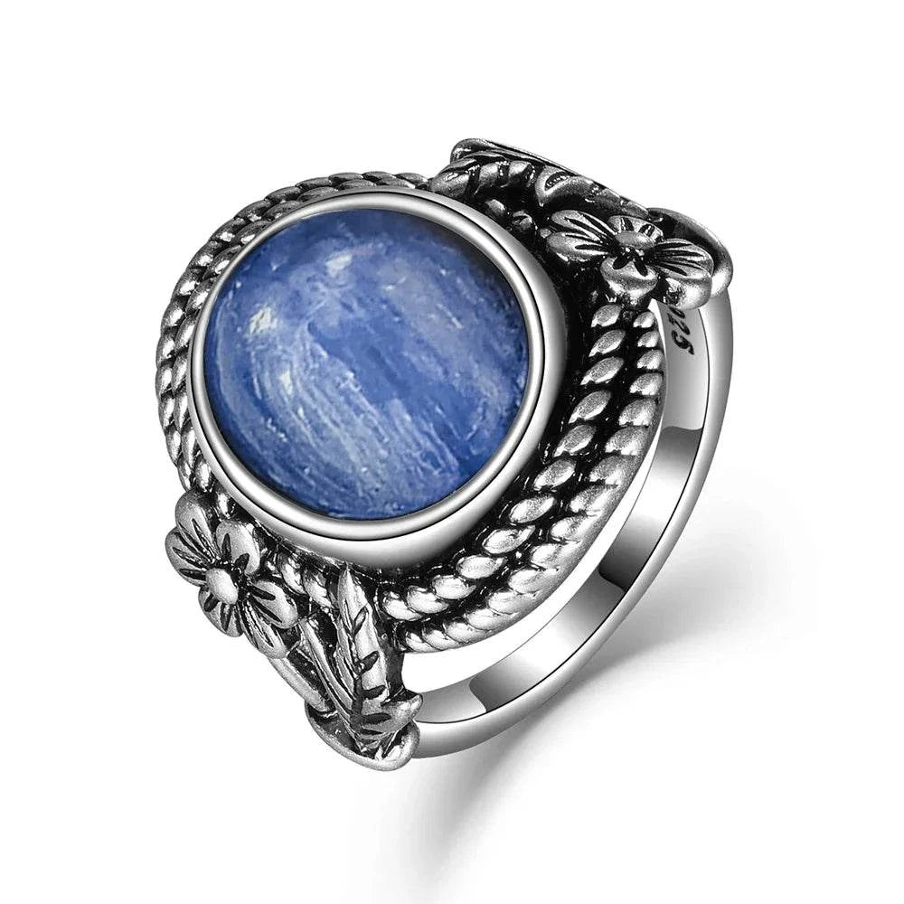 Vintage S925 Sterling Silver Ring Oval Round Natural Kyanite Ring Sun And Flower Shaped Retro Fine Jewelry For Women Men - Flamingo Stores