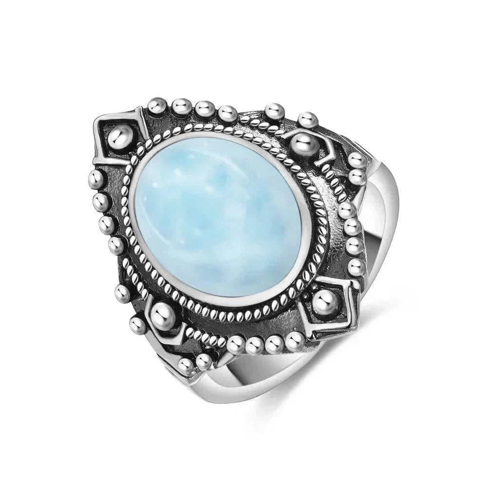Vintage 925 Silver Natural Larimar Stone Ring Round Flower Shape Sky Blue Sea Water Ring Fine Jewelry Ring Gift For Women Men - Flamingo Stores
