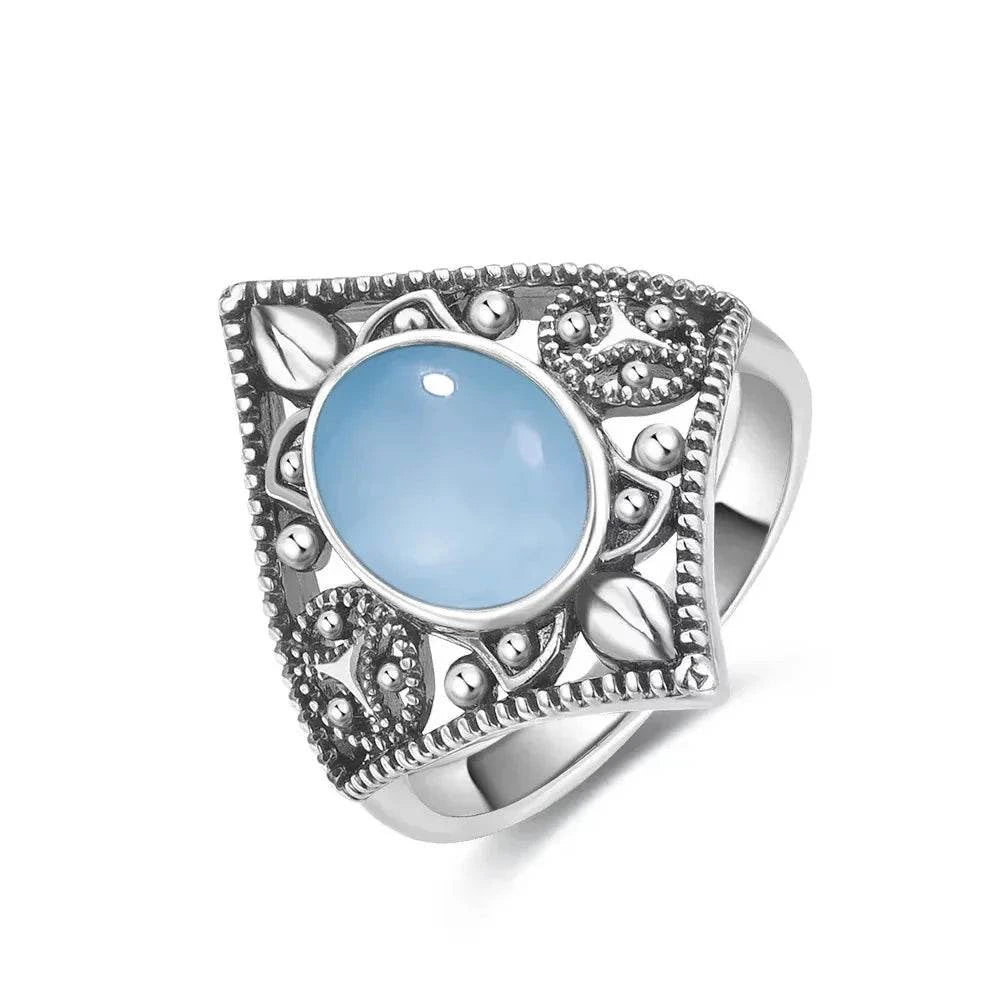 Vintage S925 Sterling Silver Ring Round Natural Lake Blue Crystal Ring Sun And Flower Shaped Retro Fine Jewelry For Women Men - Flamingo Stores