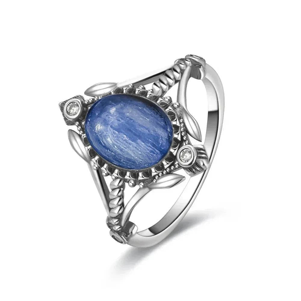 Vintage S925 Sterling Silver Ring Oval Round Natural Kyanite Ring Sun And Flower Shaped Retro Fine Jewelry For Women Men - Flamingo Stores