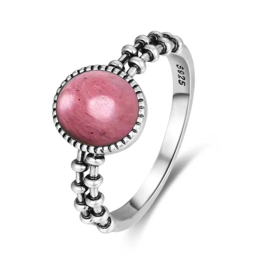 Vintage S925 Sterling Silver Ring Oval Round Natural Rhodochrosite Ring Sun And Flower Shaped Retro Fine Jewelry For Women Men - Flamingo Stores