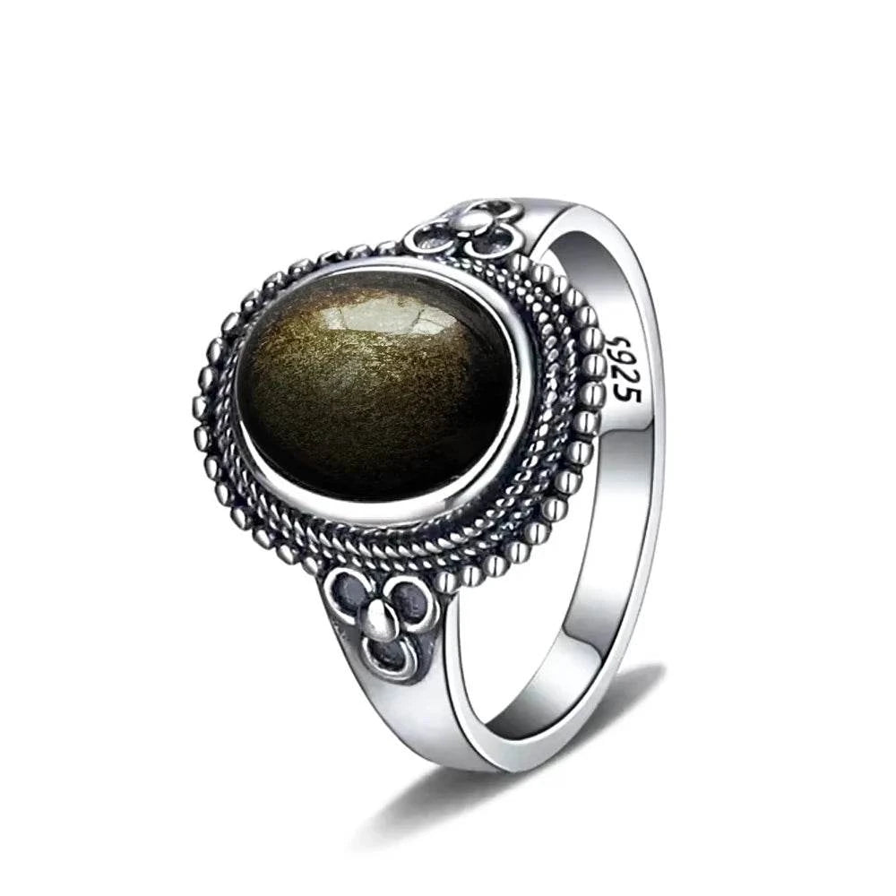 Vintage S925 Sterling Silver Ring Oval Round Natural Obsidian Ring Sun And Flower Shaped Retro Fine Jewelry For Women Men - Flamingo Stores