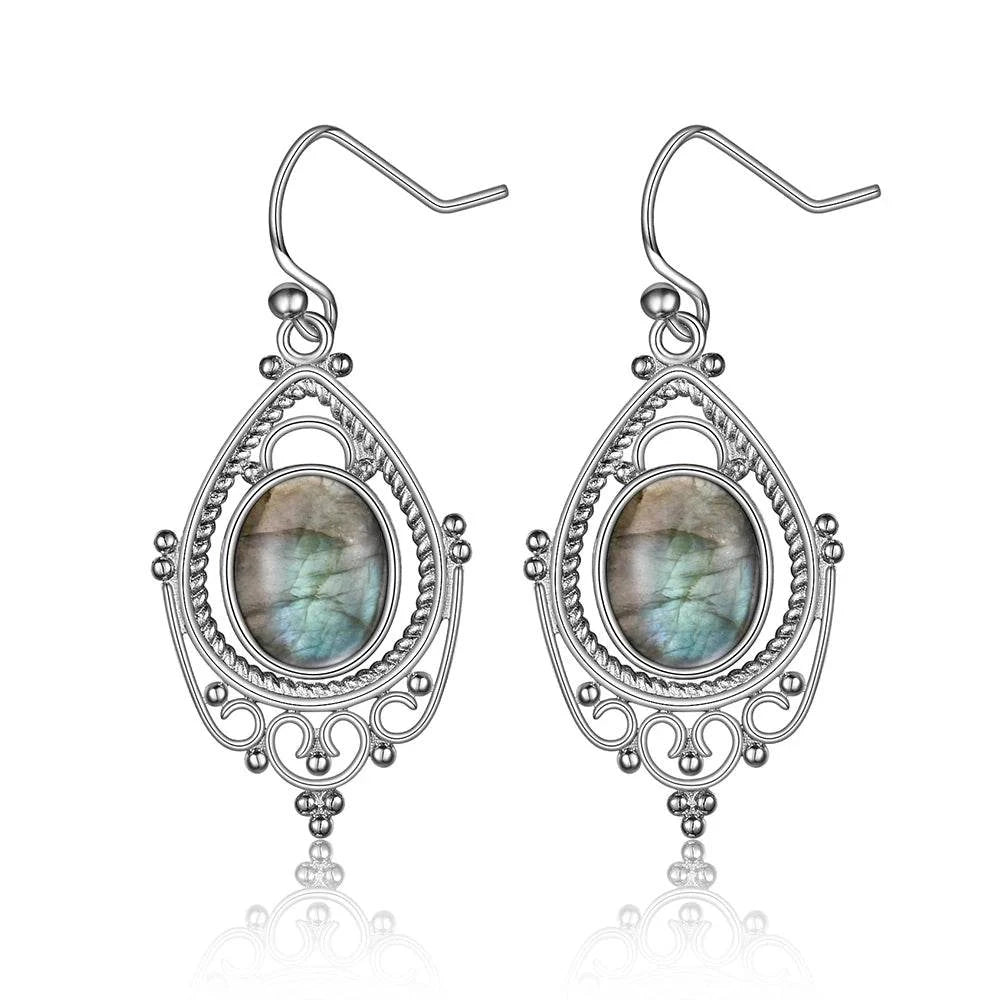 925 Sterling Silver Oval 8*10mm Natural Labradorite Earrings Vintage Ethnic Jewelry for Women Gift - Flamingo Stores