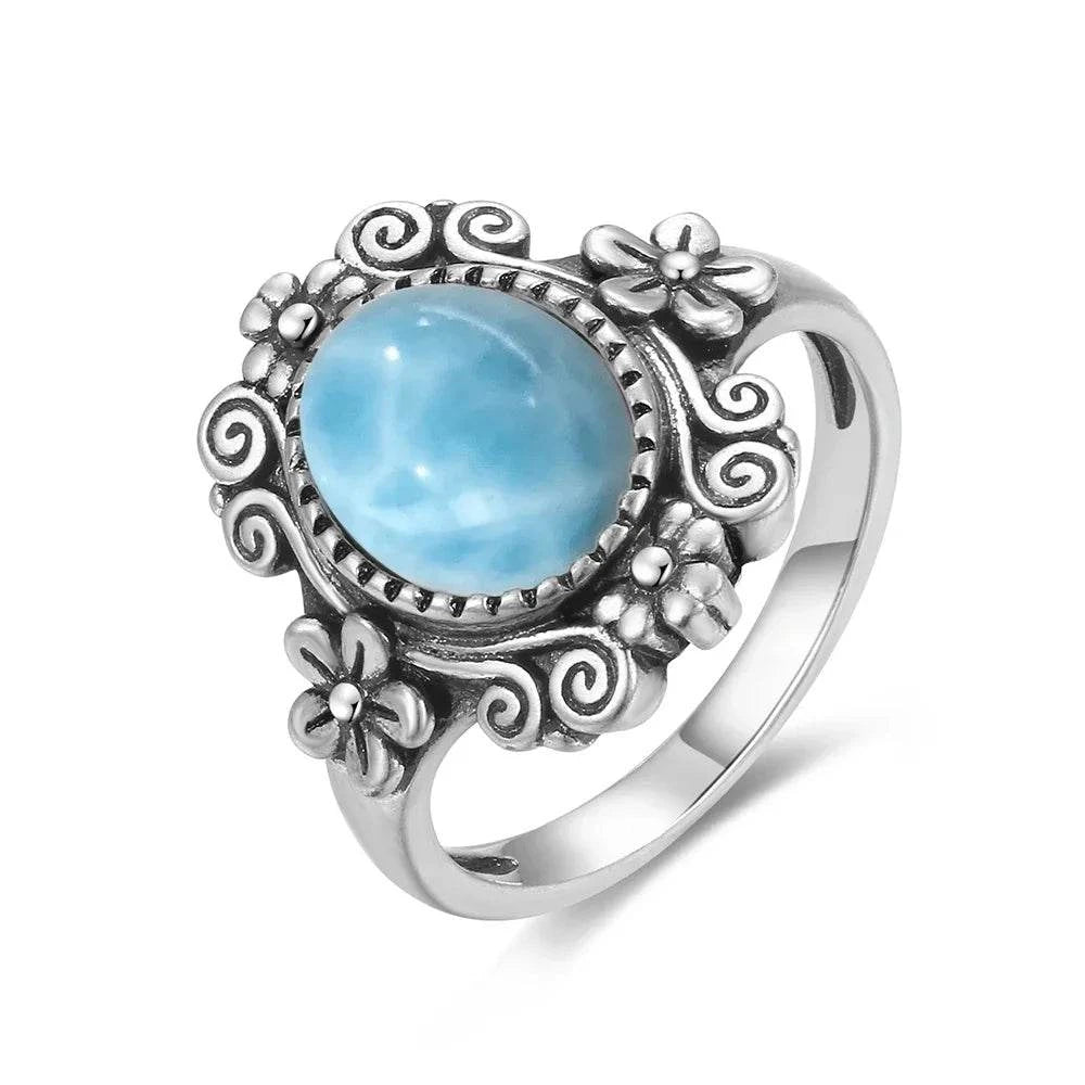Vintage 925 Silver Natural Larimar Stone Ring Round Flower Shape Sky Blue Sea Water Ring Fine Jewelry Ring Gift For Women Men - Flamingo Stores