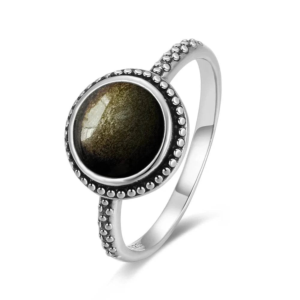Vintage S925 Sterling Silver Ring Oval Round Natural Obsidian Ring Sun And Flower Shaped Retro Fine Jewelry For Women Men - Flamingo Stores