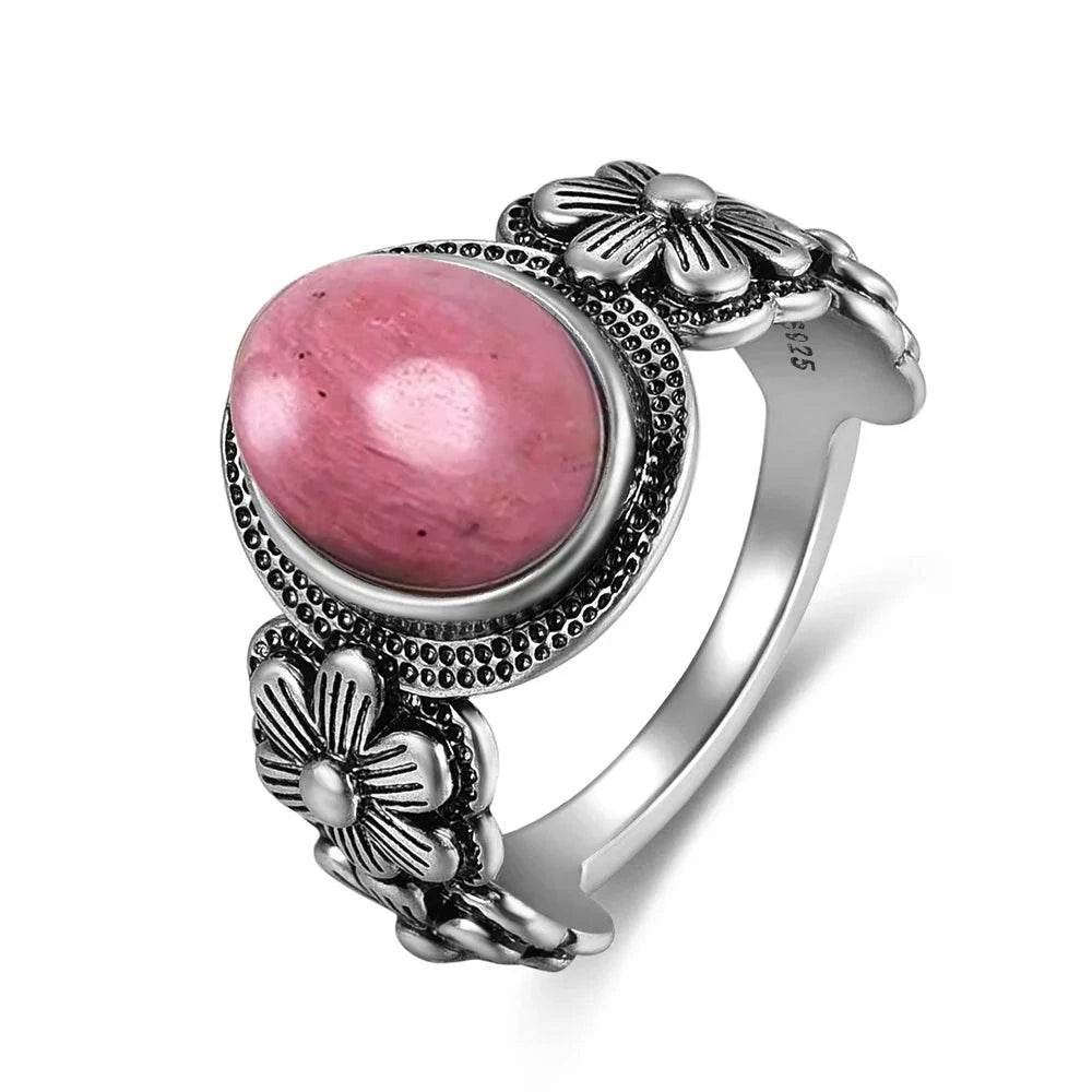 Vintage S925 Sterling Silver Ring Oval Round Natural Rhodochrosite Ring Sun And Flower Shaped Retro Fine Jewelry For Women Men - Flamingo Stores