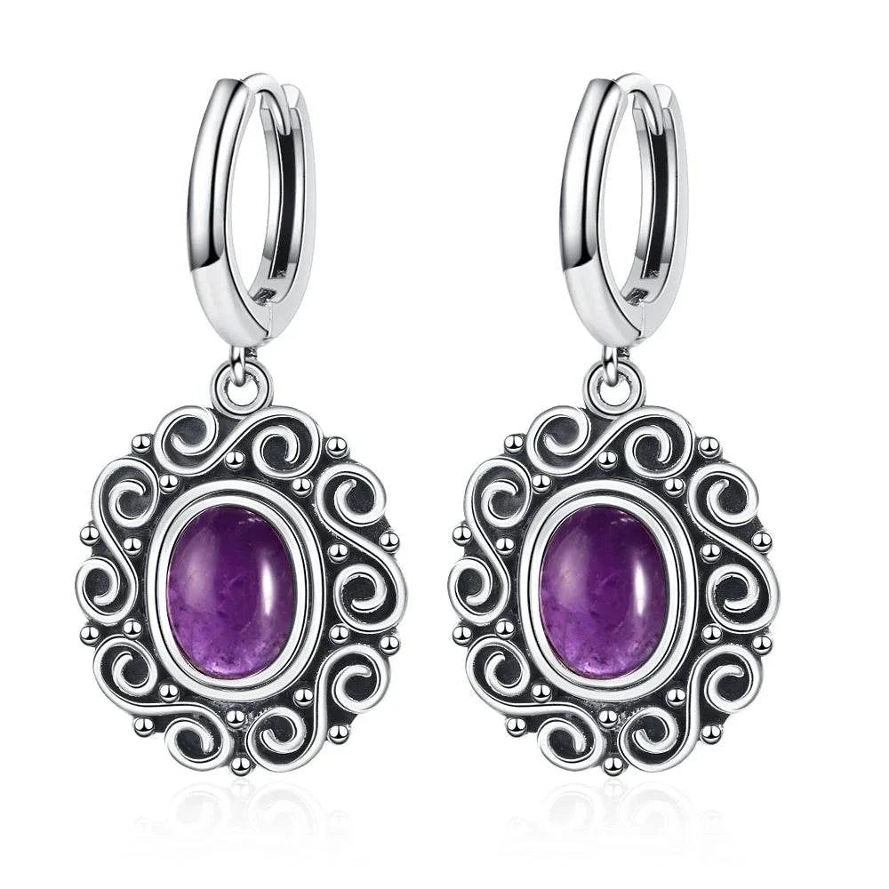 925 Sterling Silver Moonstone Drop Earrings for Women Oval Amethyst Charoite Earring Party Wedding Gift Jewelry Blue Sandstone - Flamingo Stores