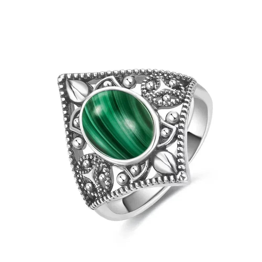 Vintage S925 Sterling Silver Ring Oval Round Natural Malachite Ring Sun And Flower Shaped Retro Fine Jewelry For Women Men - Flamingo Stores