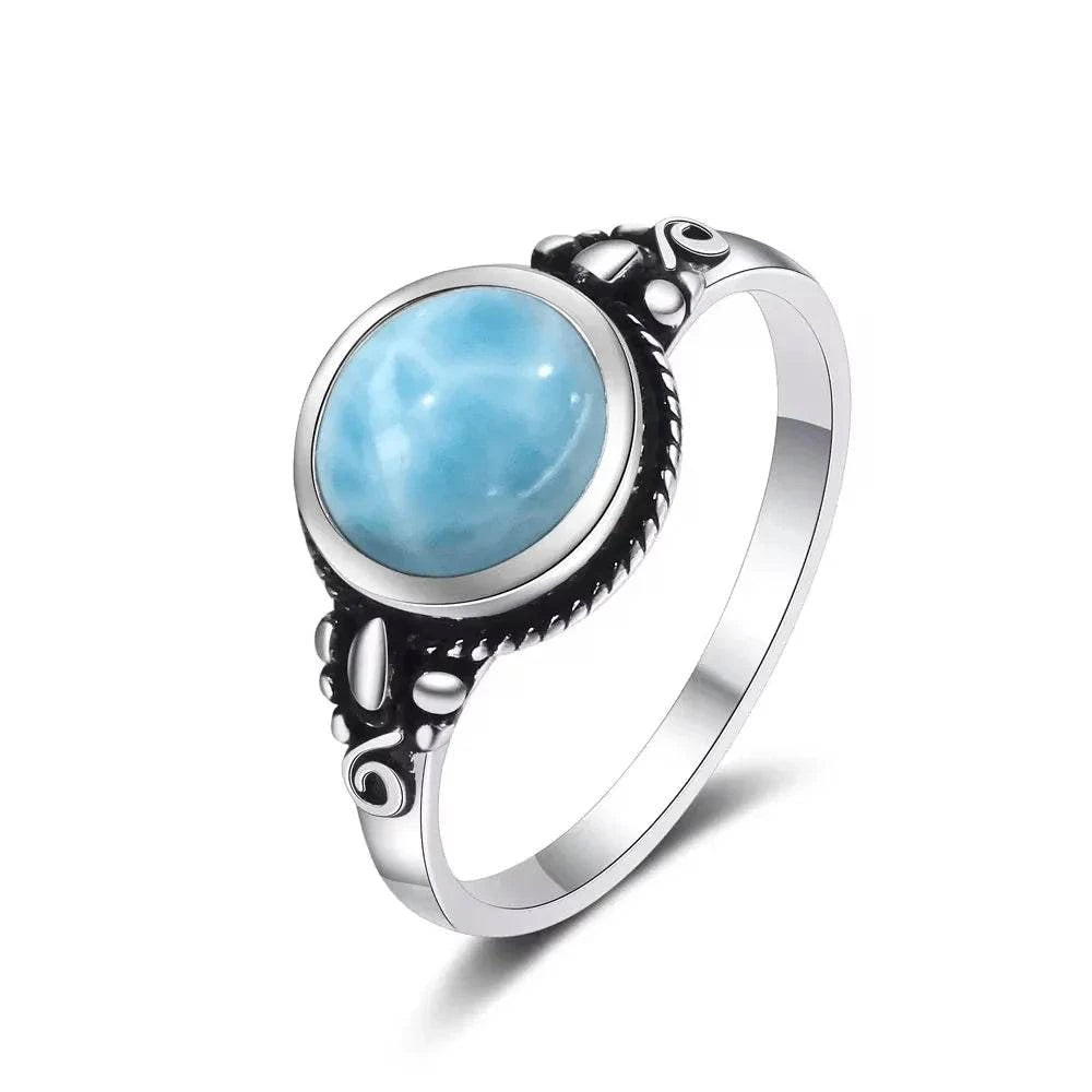 Vintage 925 Silver Natural Larimar Stone Ring Round Flower Shape Sky Blue Sea Water Ring Fine Jewelry Ring Gift For Women Men - Flamingo Stores