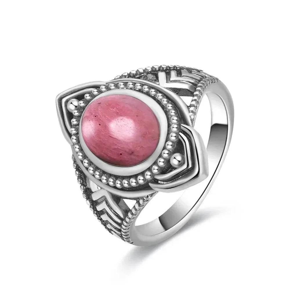 Vintage S925 Sterling Silver Ring Oval Round Natural Rhodochrosite Ring Sun And Flower Shaped Retro Fine Jewelry For Women Men - Flamingo Stores
