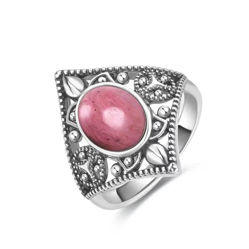 Vintage S925 Sterling Silver Ring Oval Round Natural Rhodochrosite Ring Sun And Flower Shaped Retro Fine Jewelry For Women Men - Flamingo Stores