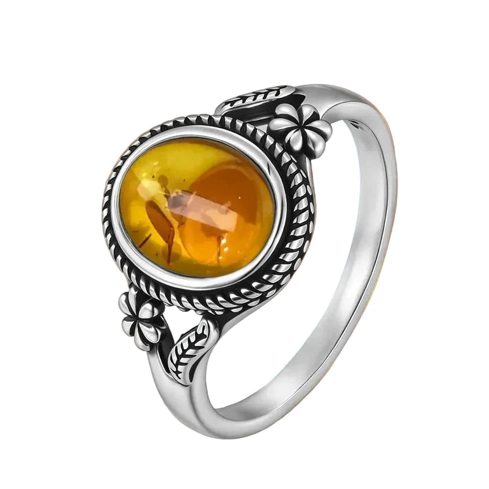 S925 Sterling Silver Ring With Natural Amber Stone Flower Shape Oval Petal Amber Stone Gifts Fine Jewelry For Women Flamingo Stores