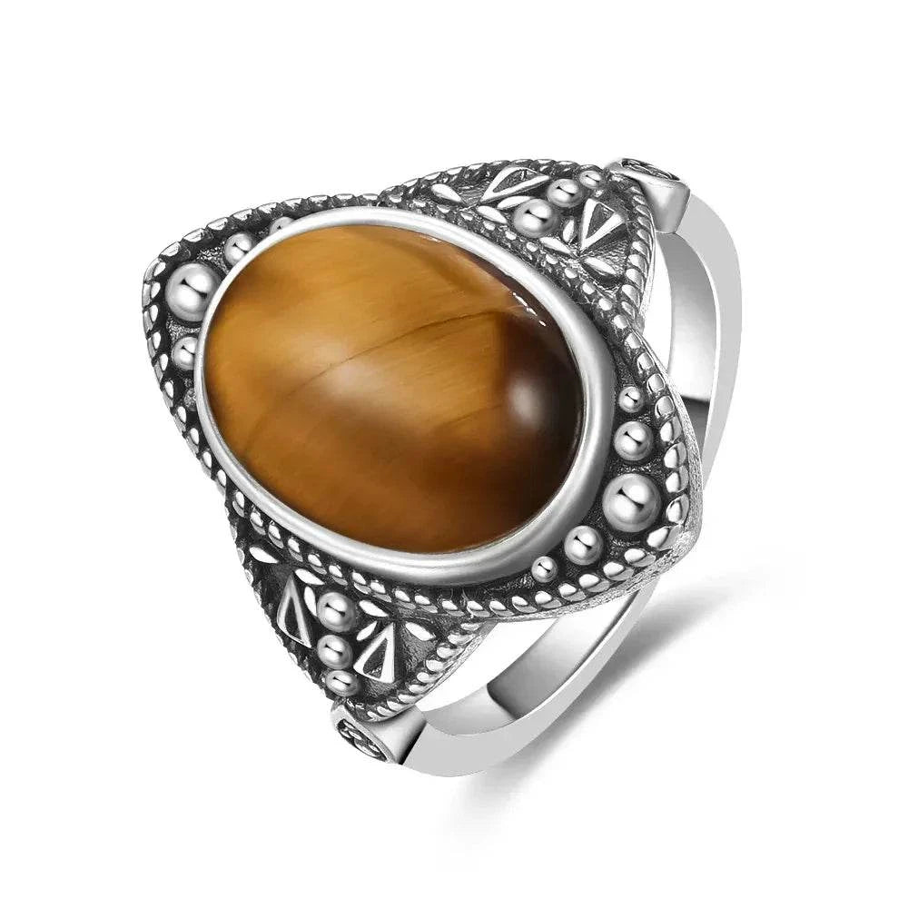 Vintage S925 Sterling Silver Ring Oval Round Natural Tiger Eye Ring Sun And Flower Shaped Retro Fine Jewelry For Women Men - Flamingo Stores