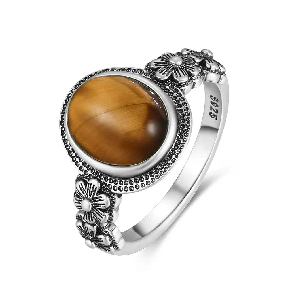 Vintage S925 Sterling Silver Ring Oval Round Natural Tiger Eye Ring Sun And Flower Shaped Retro Fine Jewelry For Women Men - Flamingo Stores