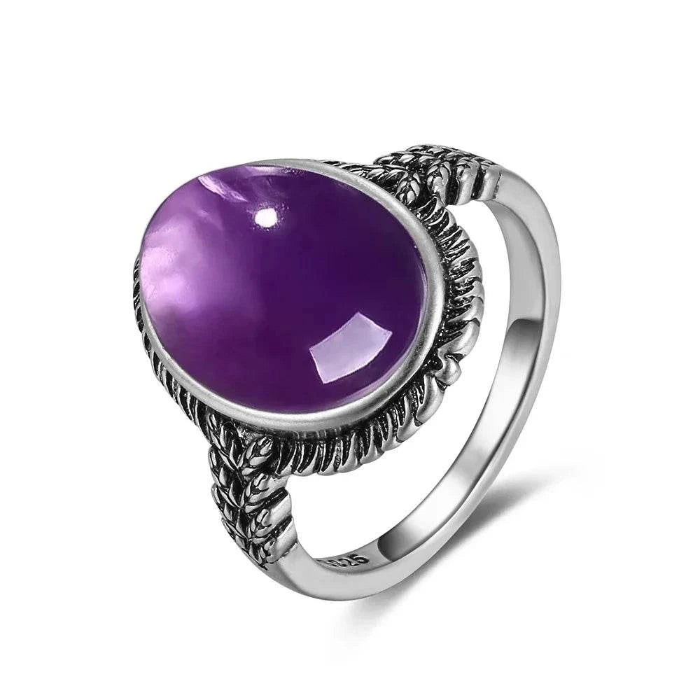 Vintage S925 Sterling Silver Ring Oval Round Natural Amethyst Ring Sun And Flower Shaped Retro Fine Jewelry For Women Men - Flamingo Stores