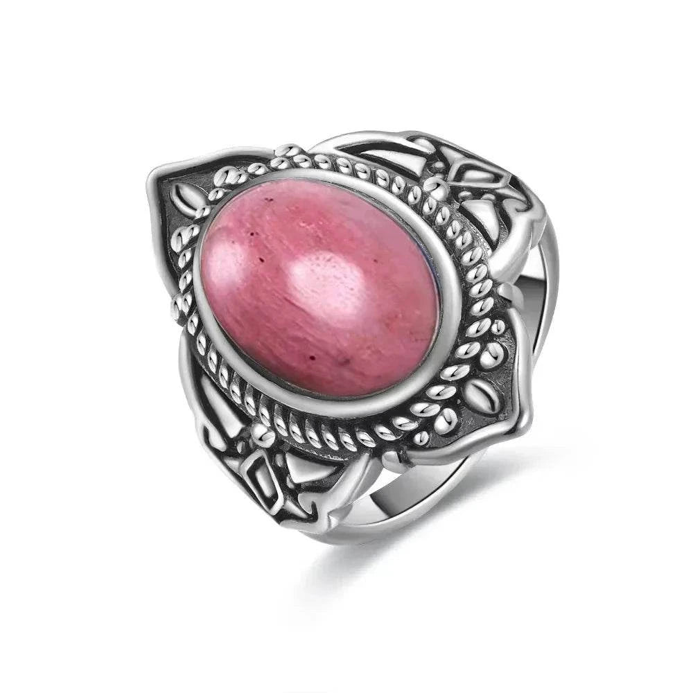 Vintage S925 Sterling Silver Ring Oval Round Natural Rhodochrosite Ring Sun And Flower Shaped Retro Fine Jewelry For Women Men - Flamingo Stores