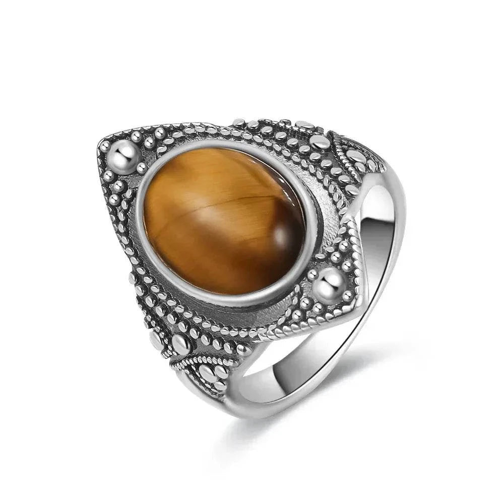 Vintage S925 Sterling Silver Ring Oval Round Natural Tiger Eye Ring Sun And Flower Shaped Retro Fine Jewelry For Women Men - Flamingo Stores
