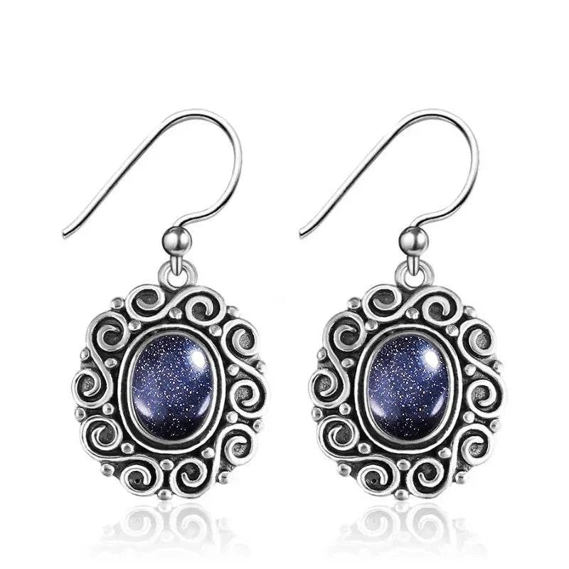 925 Sterling Silver Moonstone Drop Earrings for Women Oval Amethyst Charoite Earring Party Wedding Gift Jewelry Blue Sandstone - Flamingo Stores