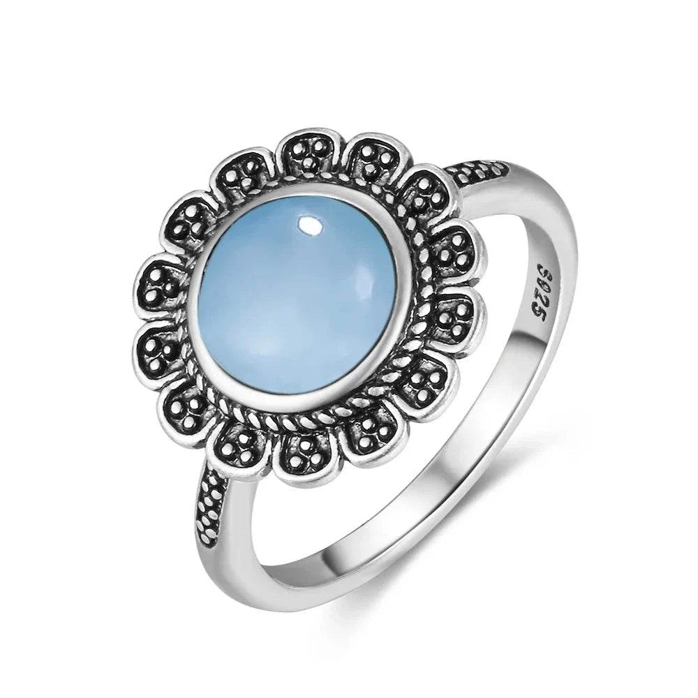 Vintage S925 Sterling Silver Ring Round Natural Lake Blue Crystal Ring Sun And Flower Shaped Retro Fine Jewelry For Women Men - Flamingo Stores